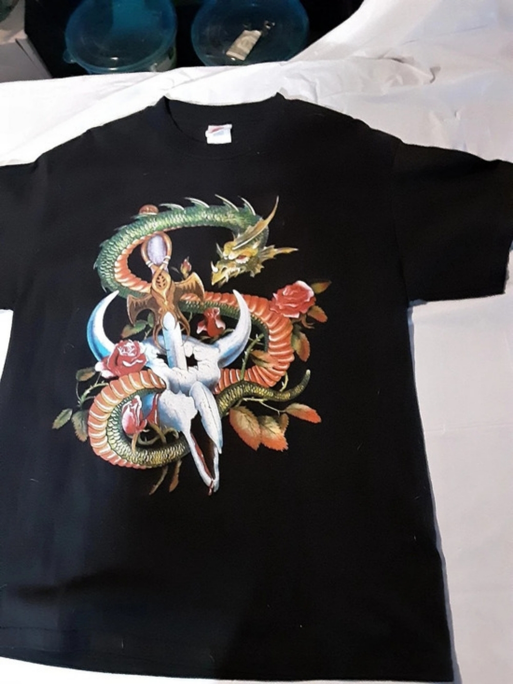 Raw State Dragon Skull Cross T-Shirt Graphic Tee in Black